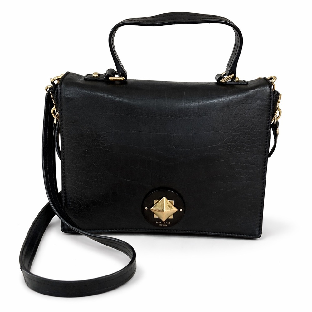 Kate Spade Varick Street Abbie Satchel Black Croc Embossed Leather Bag